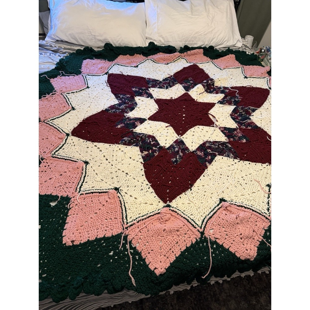 Vintage Large Crochet Prairie‎ Star Afghan Throw Multicolored 84"x84" Blanket - Picture 6 of 8
